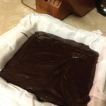 Image of Brownie batter in parchment lined Pan